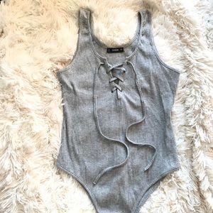 Ribbed Bodysuit with Lace-up Detailing
